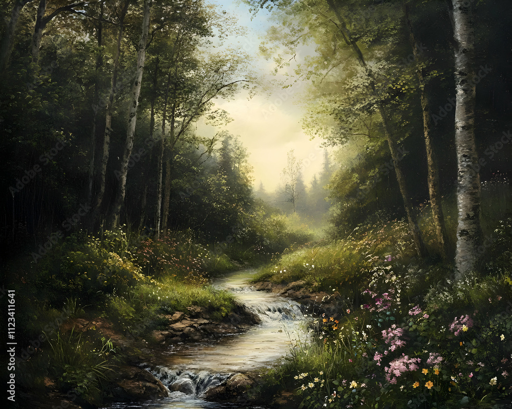 Nature Wallpaper - A serene forest scene with a gentle stream and blooming flowers under soft sunlight. Nature Wallpaper - A serene forest scene with a gentle stream and blooming flowers under soft sunlight.