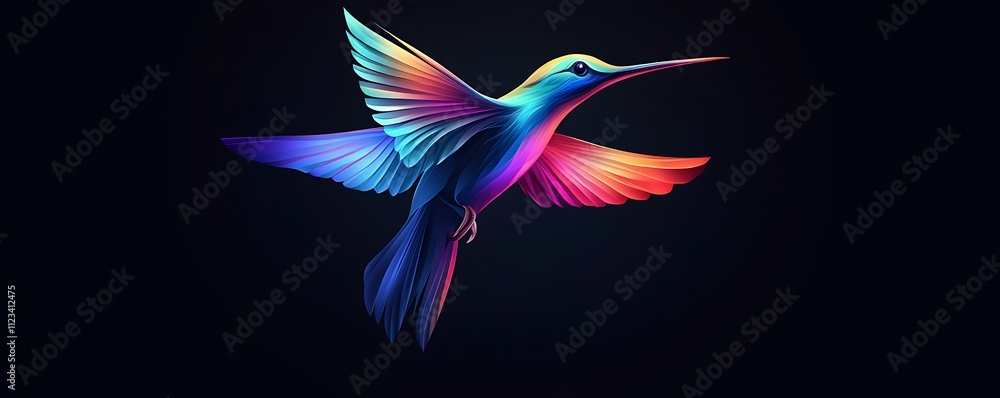 Obraz premium Dynamic 3D vector hummingbird logo in vibrant hues, soaring against a deep, dark backdrop. Ultra high resolution and clarity.
