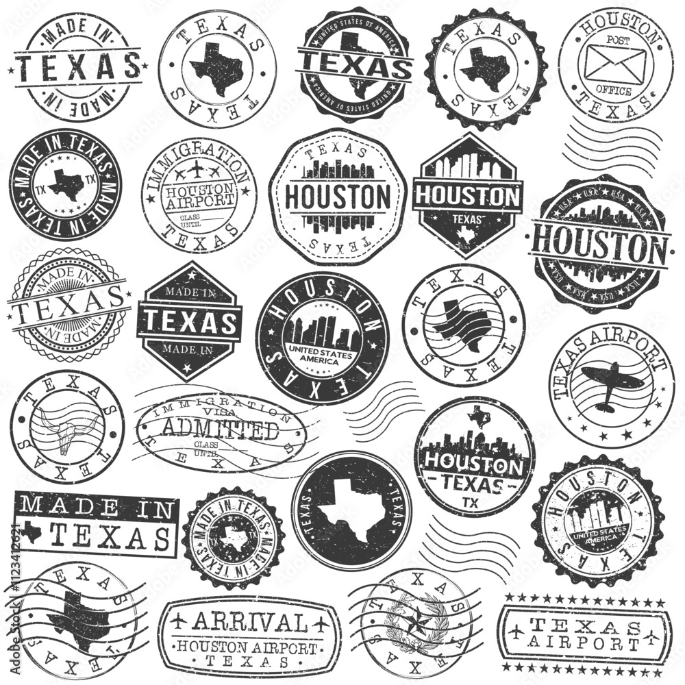 Fototapeta premium Houston, TX, USA Set of Stamps. City Travel Marks. Made In Product. Design Seals Old Style Insignia.