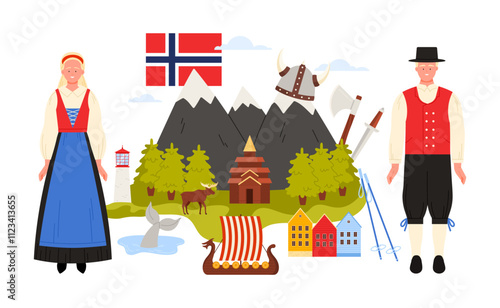 Travel to Norway, culture elements and famous architecture in infographic collage. Norwegian people, mountain landscape with forest and Urnes Stave Church, houses of Bergen cartoon vector illustration