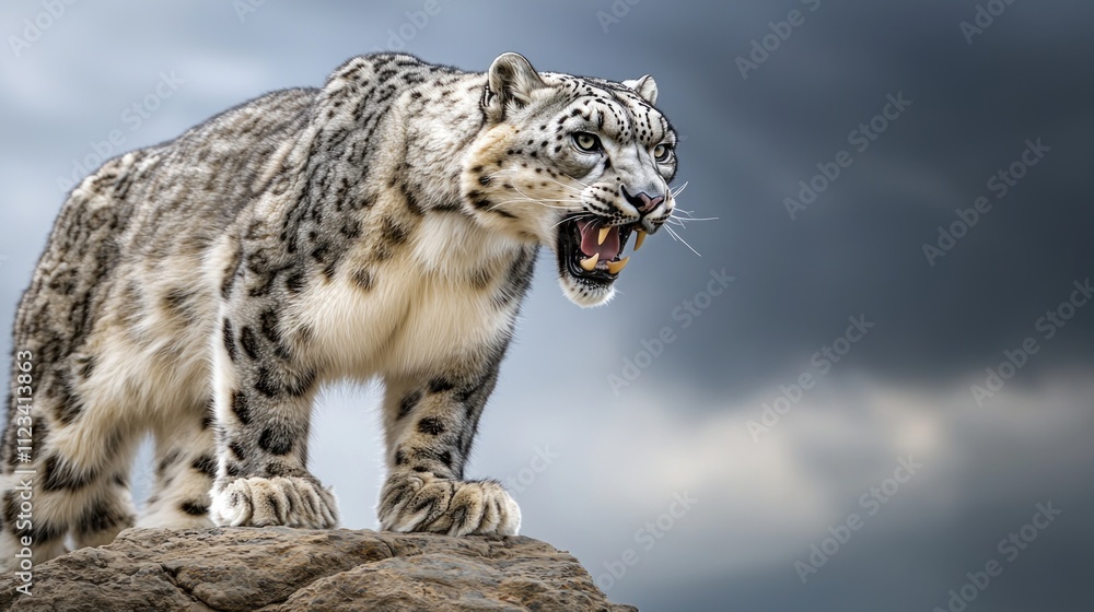 Obraz premium Snow leopard roaring on rocky outcrop mountainous region wildlife photography dramatic sky close-up nature conservation