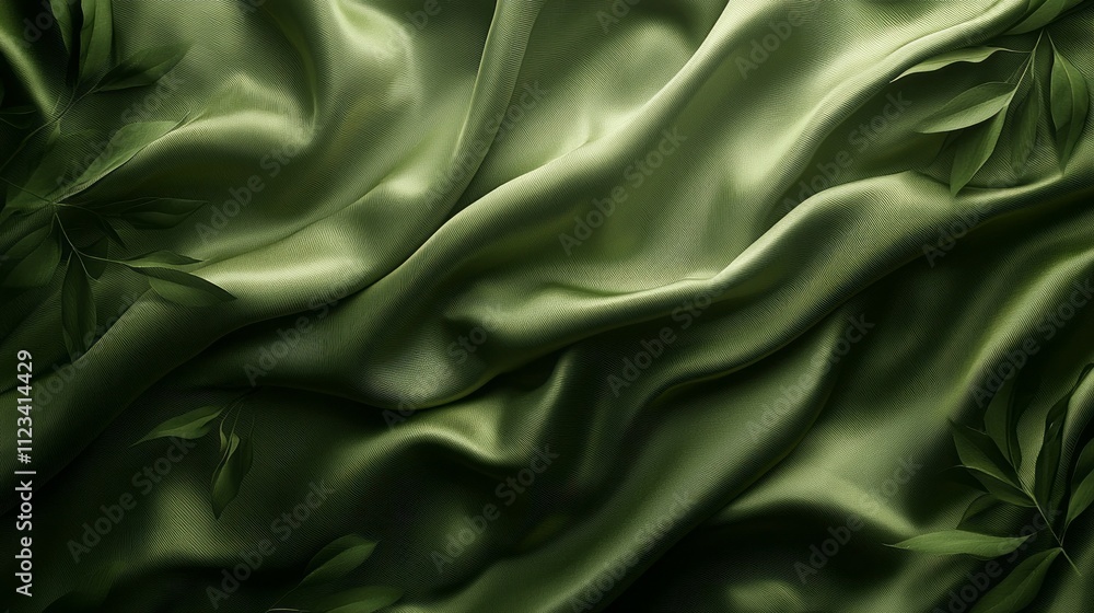 Obraz premium Silk satin fabric in khaki green and brown shows graceful folds, enhanced by delicate green leaves, capturing a serene, natural beauty
