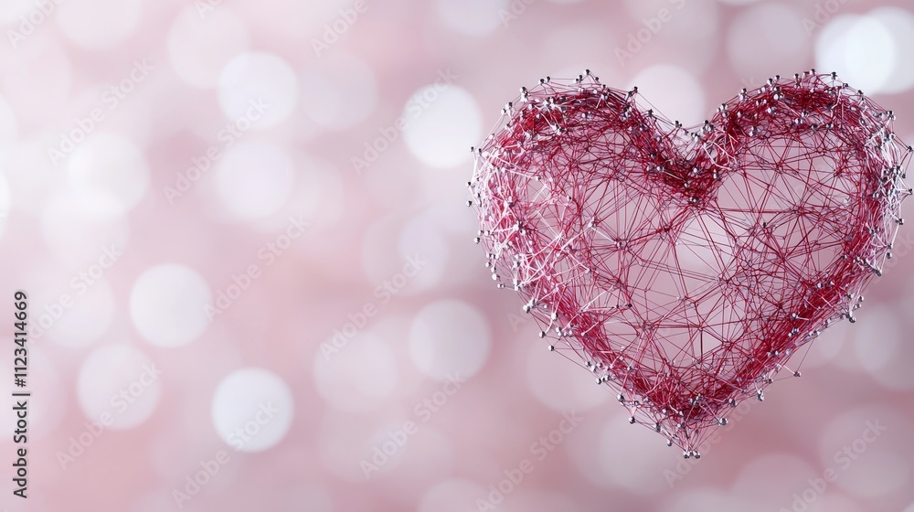 Fototapeta premium Abstract Love Heart with Wireframe Design on Blurred Pink Background for Romantic and Creative Projects