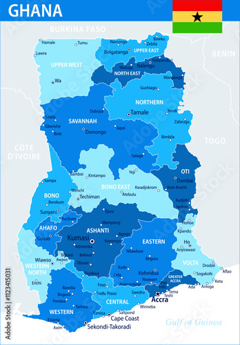 Ghana Map Vector Blue Spot - Customizable layered political map of Ghana with administrative divisions for website, education, reports, news, politics, print, poster and wallpaper