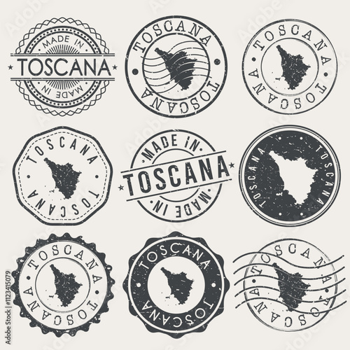 Tuscany, Italy Set of Stamps. Country Travel Marks. Made In Product. Design Seals Old Style Insignia.