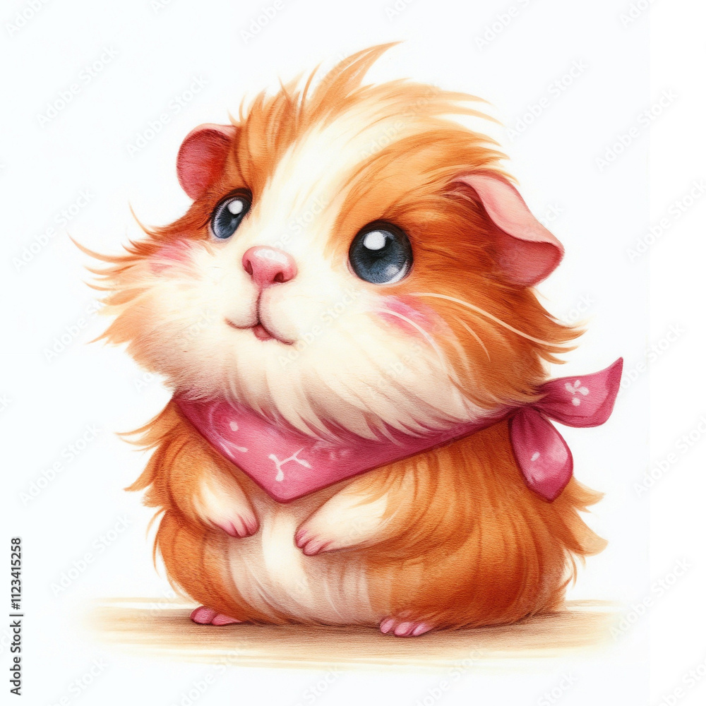 Naklejka premium Cute guinea pig with fluffy fur sitting against a plain background in a cozy indoor environment