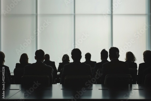 A group of business professionals sits silently in a modern conference room, silhouetted against large glass windows during a late afternoon meeting, focusing intently on the discussion. photo