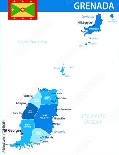 Grenada Map Vector Blue Spot - Customizable layered political map of Grenada with administrative divisions for website, education, reports, news, politics, print, poster and wallpaper