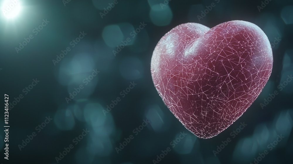 Fototapeta premium 3D Rendered Pink Heart with Glowing Effects on Dark Background, Perfect for Love and Romance Themes in Stock Photography