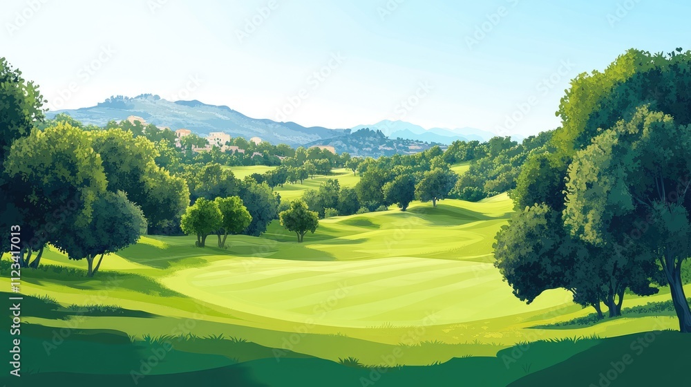 Lush Green Golf Course Landscape Under Clear Blue Sky Lush Green Golf Course Landscape Under Clear Blue Sky