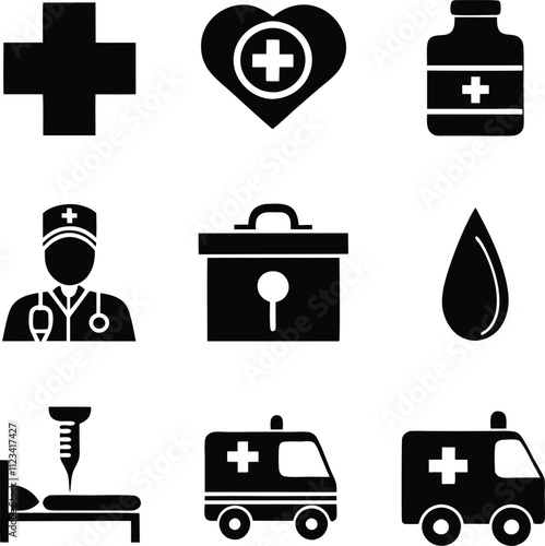 Medical Icons Healthcare Symbols, First Aid, Emergency, Doctor, Hospital photo