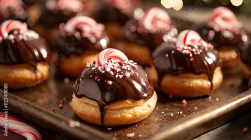 A tray of Christmas profiteroles filled with peppermint cream and topped with a glossy chocolate glaze and crushed candy canes. photo