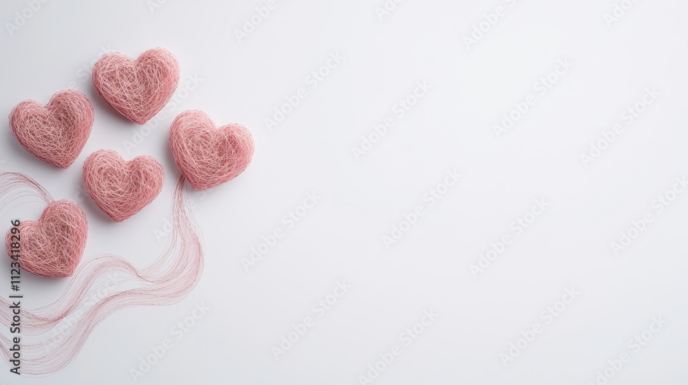 Fototapeta premium Delicate pink heart shapes made from yarn on a light background, perfect for Valentine's Day or love-themed designs
