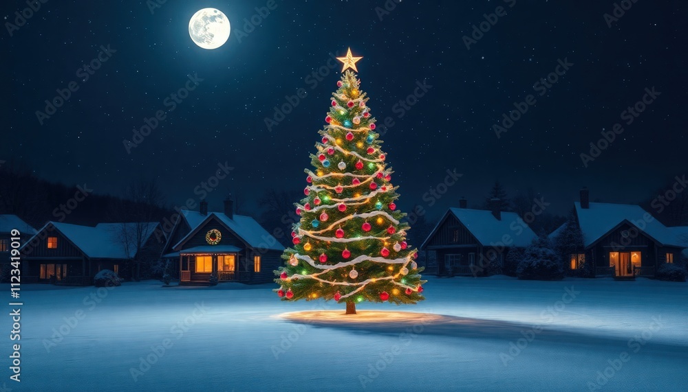 Obraz premium christmas tree in front of the house. beautiful christmas tree on christmas eve in front of the house