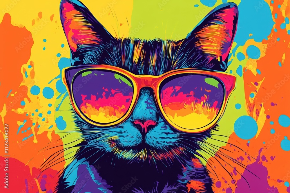 Fototapeta A vibrant pop art illustration of a cat wearing colorful oversized sunglasses with splashes of bold colors, embodying a playful and trendy aesthetic