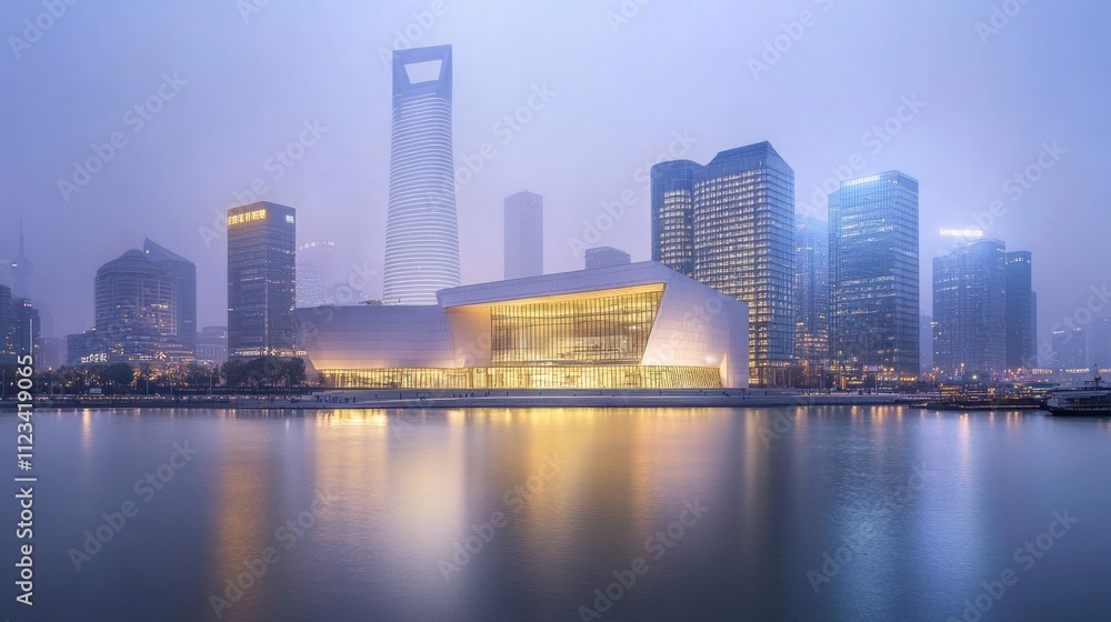 Illuminated modern building by waterfront, skyscrapers, city sky Illuminated modern building by waterfront, skyscrapers, city sky