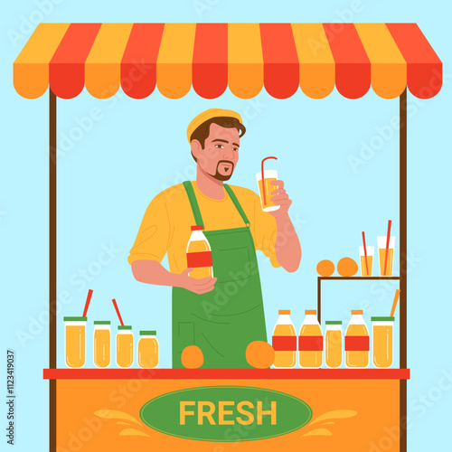 Market stand with vendor selling fresh juice and lemonade. Male seller holding cup with natural orange juice to sell, man with summer fruit beverage in glass and bottle cartoon vector illustration