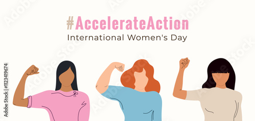 AccelerateAction banner. International Womens Day background in flat style. #Accelerateaction 2025. Faceless Womens with hand. 8 march day. Modern isolated vector illustration. 