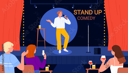 Stand up comedy show. Male talent comic with microphone standing on stage in spotlight to tell funny story for laughing audience at tables, perform standup monologue cartoon vector illustration