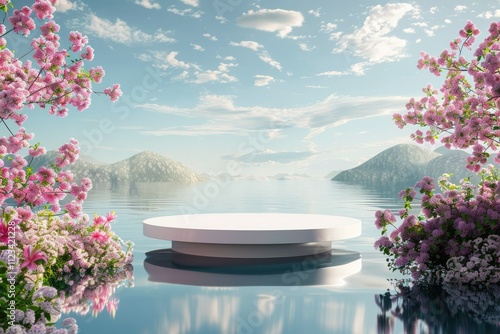 Clear Pixel Visual of Floating Cylindrical Podium on a Serene Lake with Vibrant Flowers