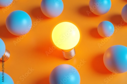 A creative business concept  glowing yellow light bulb among blue ones on an orange background photo