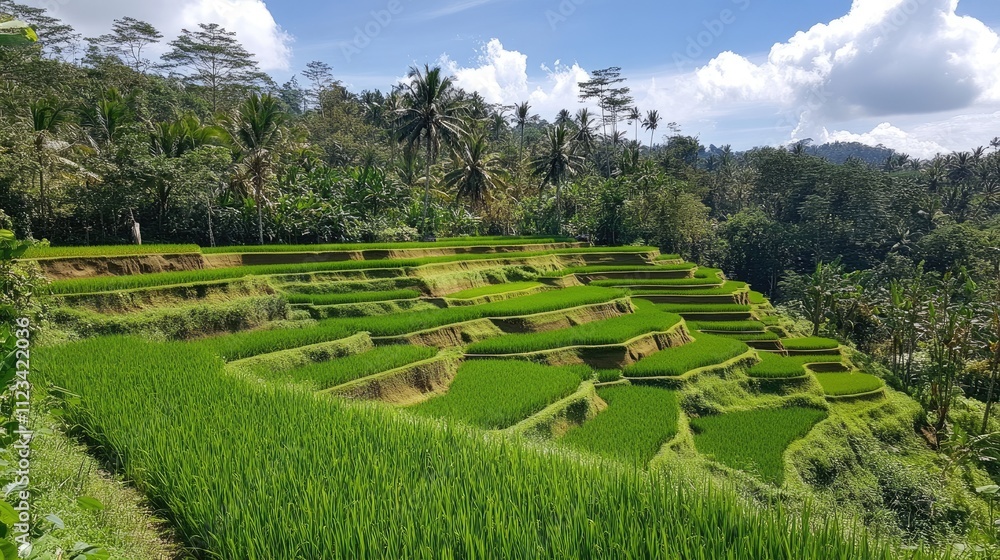Lush Green Rice Terraces Surrounded by Tropical Palm Trees Lush Green Rice Terraces Surrounded by Tropical Palm Trees
