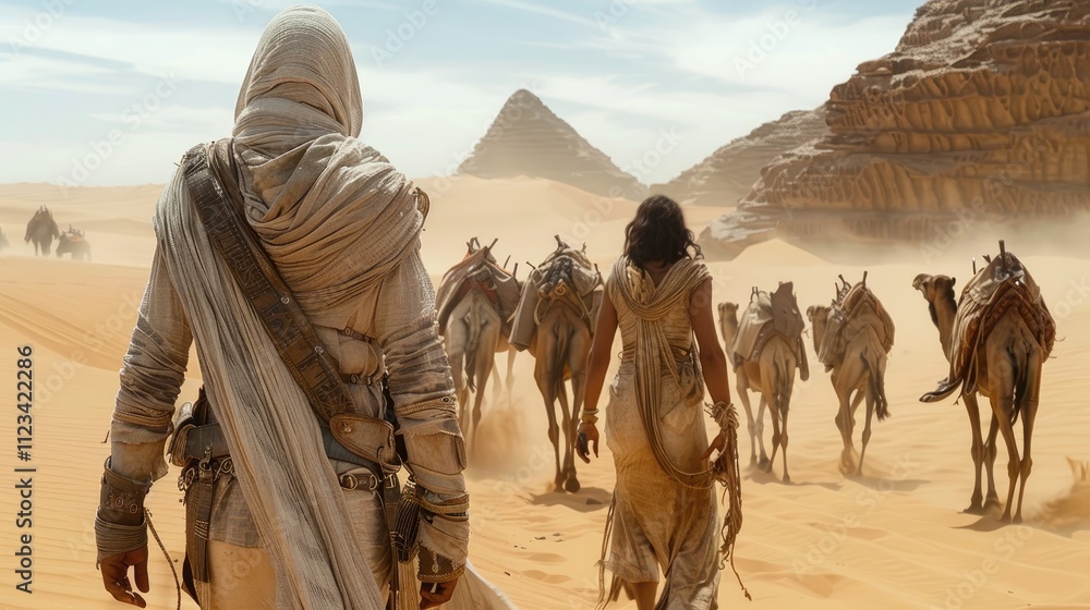 Fototapeta premium Nomadic people journey through a vast desert landscape with camels