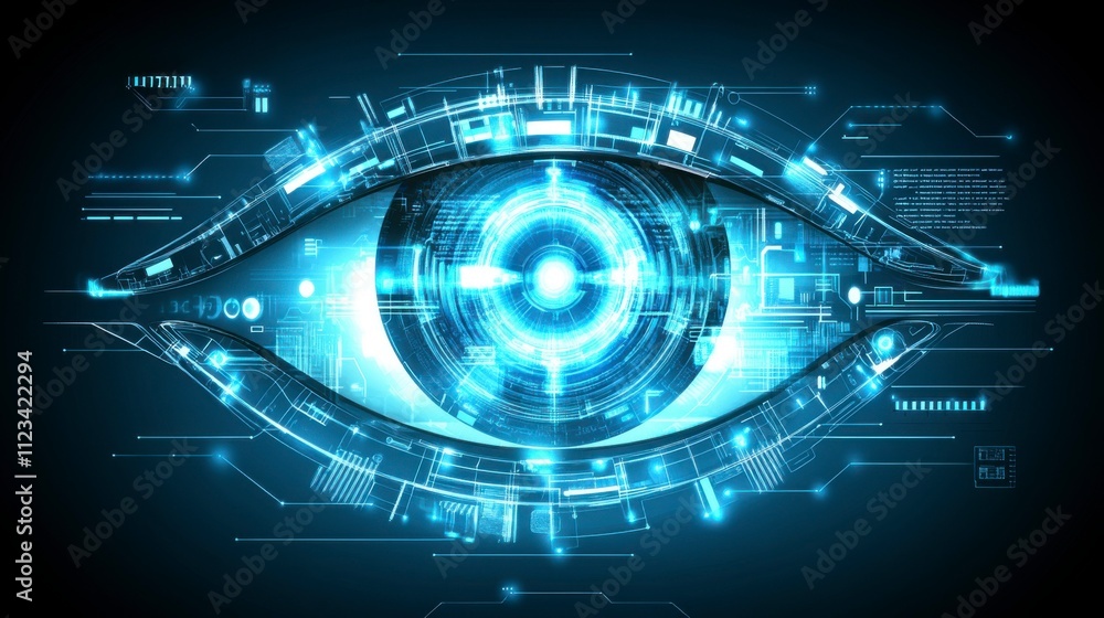 Obraz premium Abstract digital eye design with dynamic wave lines in a glowing neon style perfect for high-tech backgrounds showcasing artificial intelligence and digital advancements.