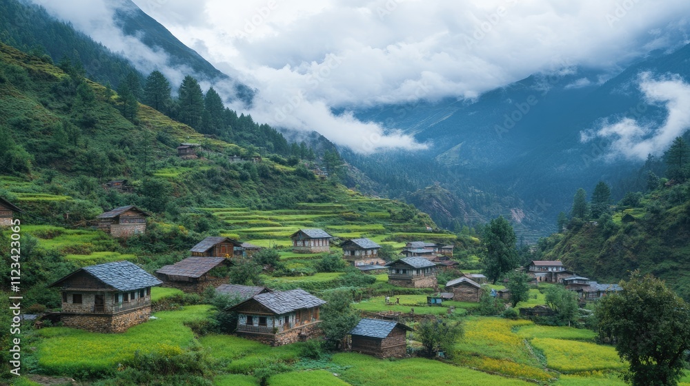 Obraz premium Scenic Mountain Village Surrounded by Lush Green Terraces and Clouds