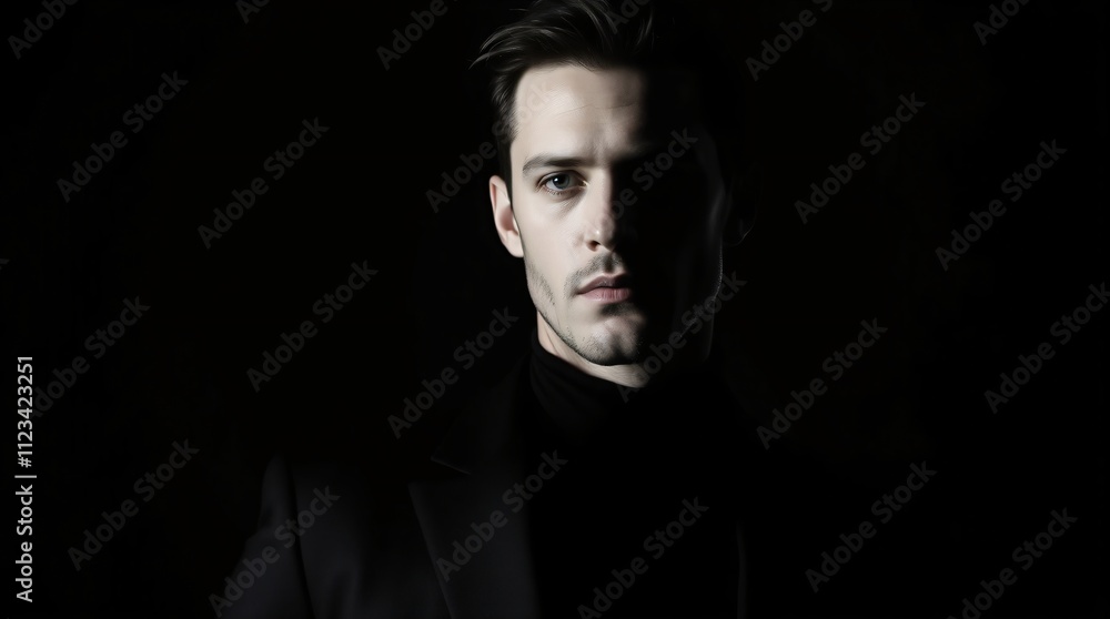 Fototapeta premium Man in Shadow: A solitary figure emerges from the darkness, his sharp features and intense gaze hinting at a story waiting to unfold.