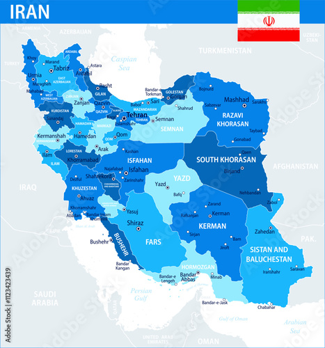 Iran Map Vector Blue Spot - Customizable layered political map of Iran with administrative divisions for website, education, reports, news, politics, print, poster and wallpaper