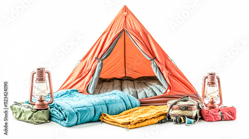 Complete Camping Tent Set with Sleeping Bags, Lanterns, and Essential Gear Isolated on White Background photo