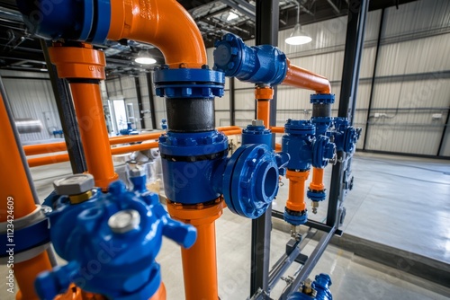 Industrial pipe network featuring distinctive blue and orange valve components for fluid control