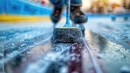 Curling game in progress on an ice rink during a sunny winter afternoon photo