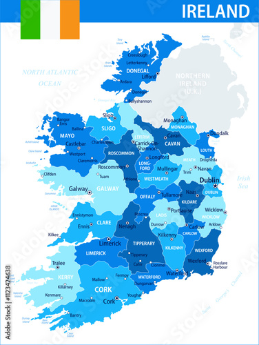 Ireland Map Vector Blue Spot - Customizable layered political map of Ireland with administrative divisions for website, education, reports, news, politics, print, poster and wallpaper