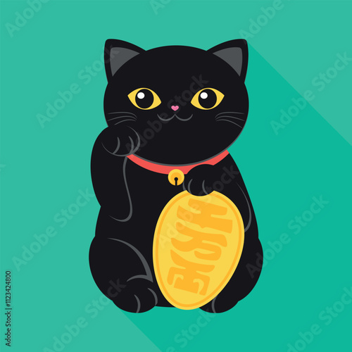 Black Maneki neko cat icon with a raised right paw. Japanese lucky cat flat cartoon illustration. Symbol of wealth and luck