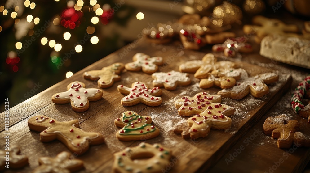Fototapeta premium Festive Christmas cookie scene on rustic table with cozy kitchen ambiance