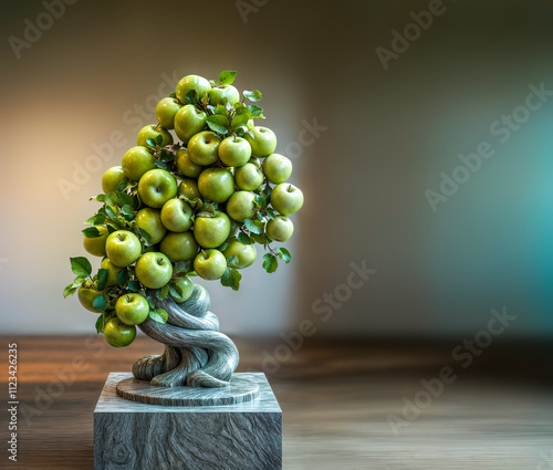 Pommes vertes présentées en forme de sculpture sur un tronc en marbre photo