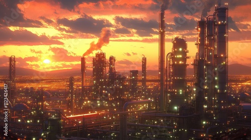 Industrial Complex at Sunset with Smoke and Illuminated Structures photo