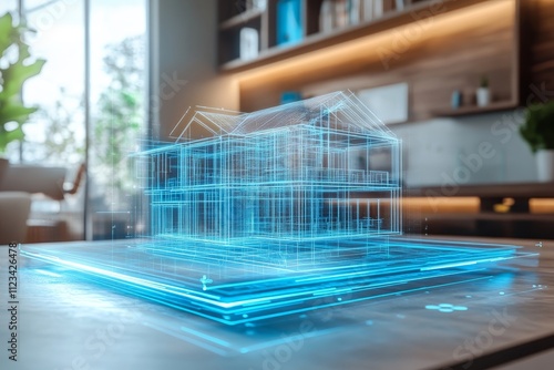 Virtual holographic 3d blueprints of real estate project displayed on table in modern office setting