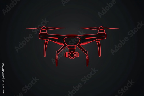 Elegant black and red drone logo in flat vector style, featuring minimal line art on a dark backdrop. High contrast and ultra HD clarity. Full ultra HD, photo