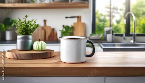 Wallpaper Mural Modern enamel mug mockup on wooden kitchen island with contemporary decor. Generative AI Torontodigital.ca