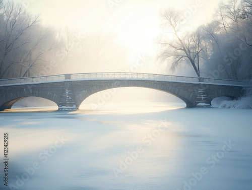 Majestic Stone Bridge Spans Frozen River: A Stunning Display of Winter's Beauty Where Nature Meets Craftsmanship photo