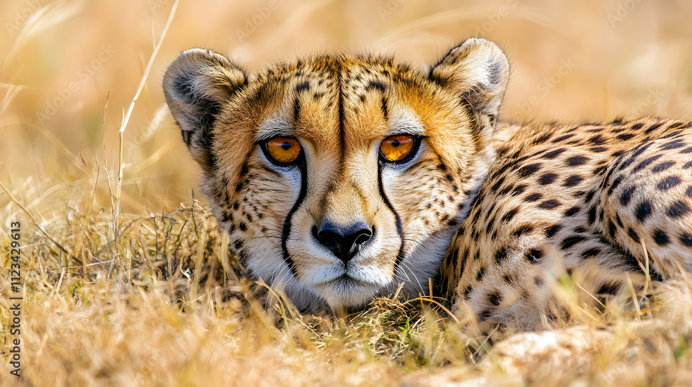 Obraz premium A cheetah lying in golden grass with its striking amber eyes staring intensely.