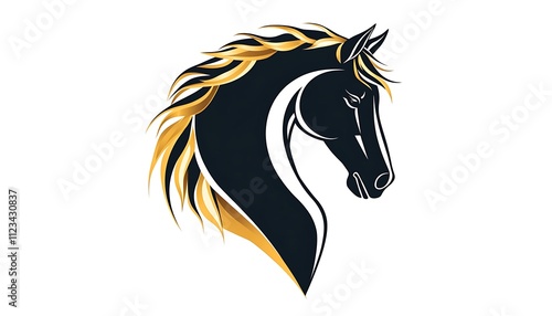 Elegant black horse head with gold mane, vector logo, flat lines on white background, high contrast and simple. photo