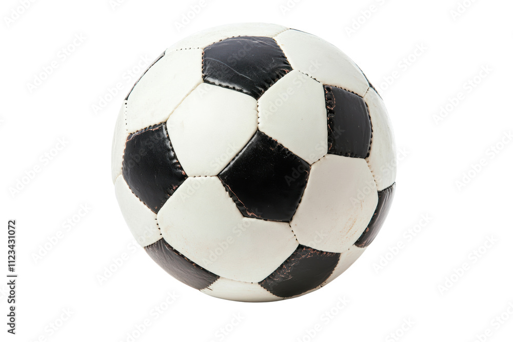Fototapeta premium A classic black and white soccer ball, resting on a white isolate background. Ideal for sports-themed designs and activities.