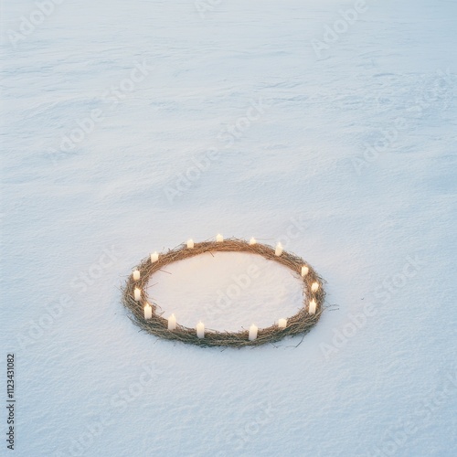 Winter Solstice Reverence Mōdraniht, Christmas, New Year Celebration with Snowy Candlelit Wreath photo