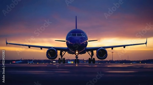 Airplane landing at sunset airport aerial photography evening sky front view aviation concept for travel enthusiasts