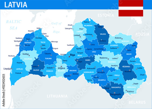 Latvia Map Vector Blue Spot - Customizable layered political map of Latvia with administrative divisions for website, education, reports, news, politics, print, poster and wallpaper