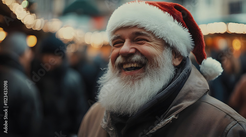 Santa laughing heartily as he hands out presents at a bustling Christmas market. photo